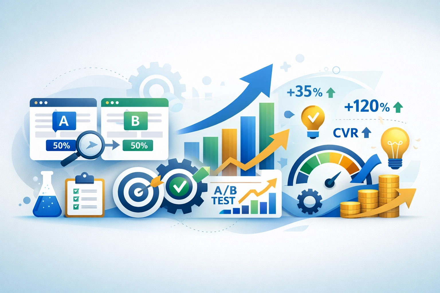 Visualização de crescimento e otimização mostrando testes A/B e melhoria contínua