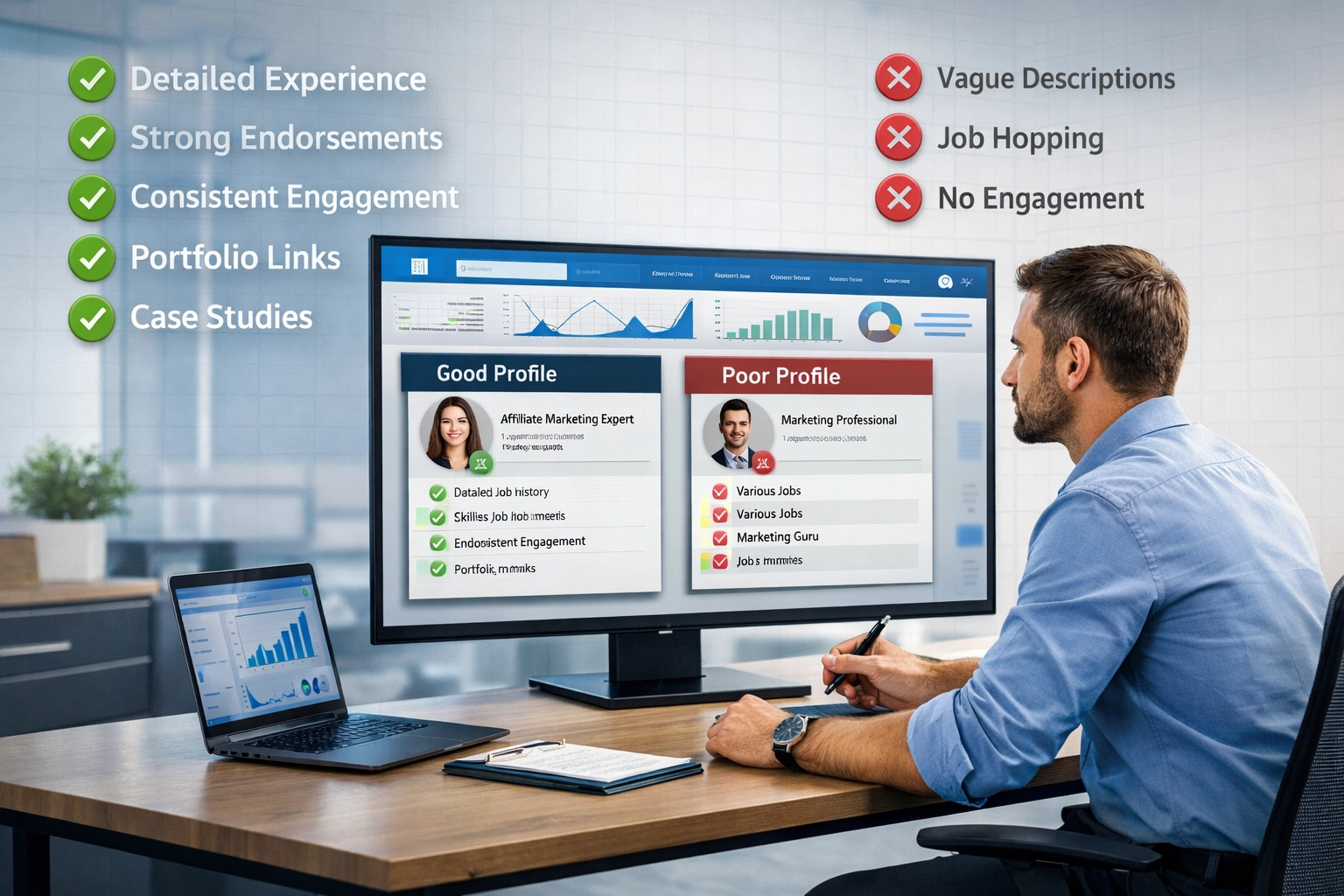 Visualização de checklist de análise de perfil mostrando bons sinais e sinais de alerta para afiliados