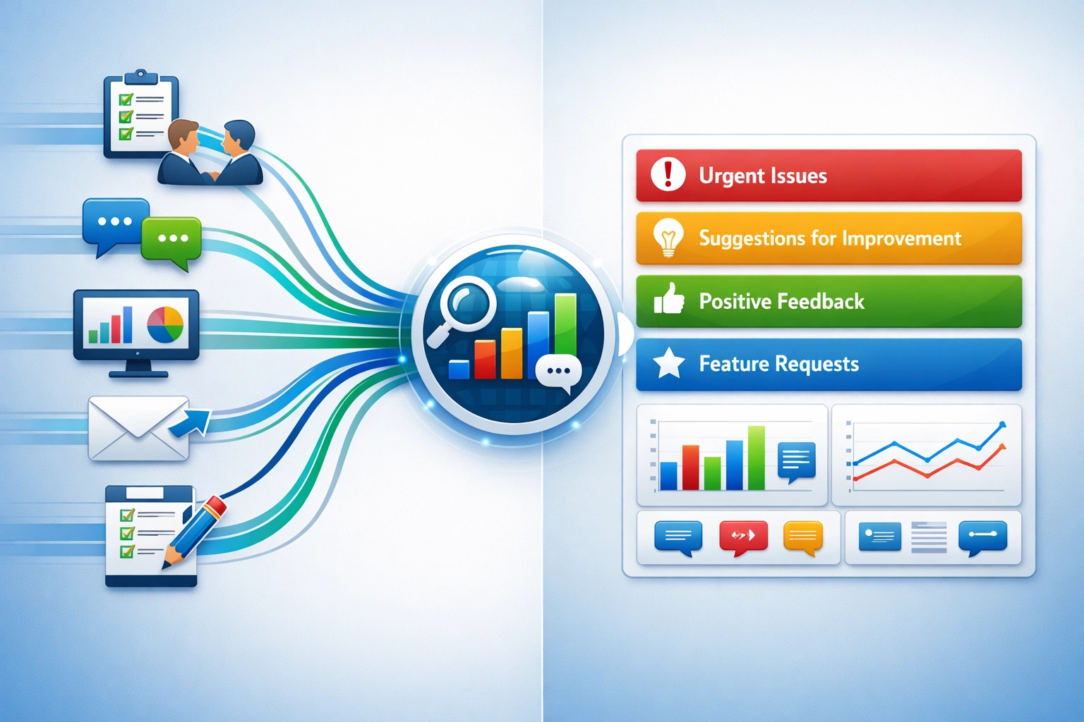 Funil de coleta e análise de feedback mostrando múltiplos métodos de entrada