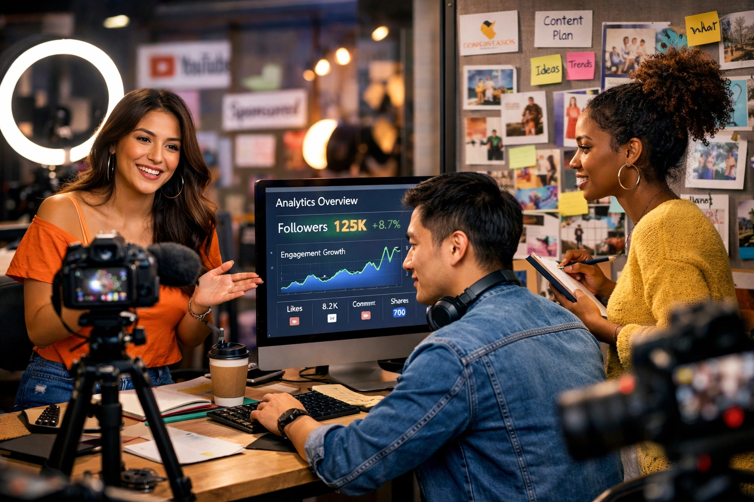 Criadores de conteúdo em estúdio colaborando em estratégia de parceria de afiliados com equipamentos profissionais e análises