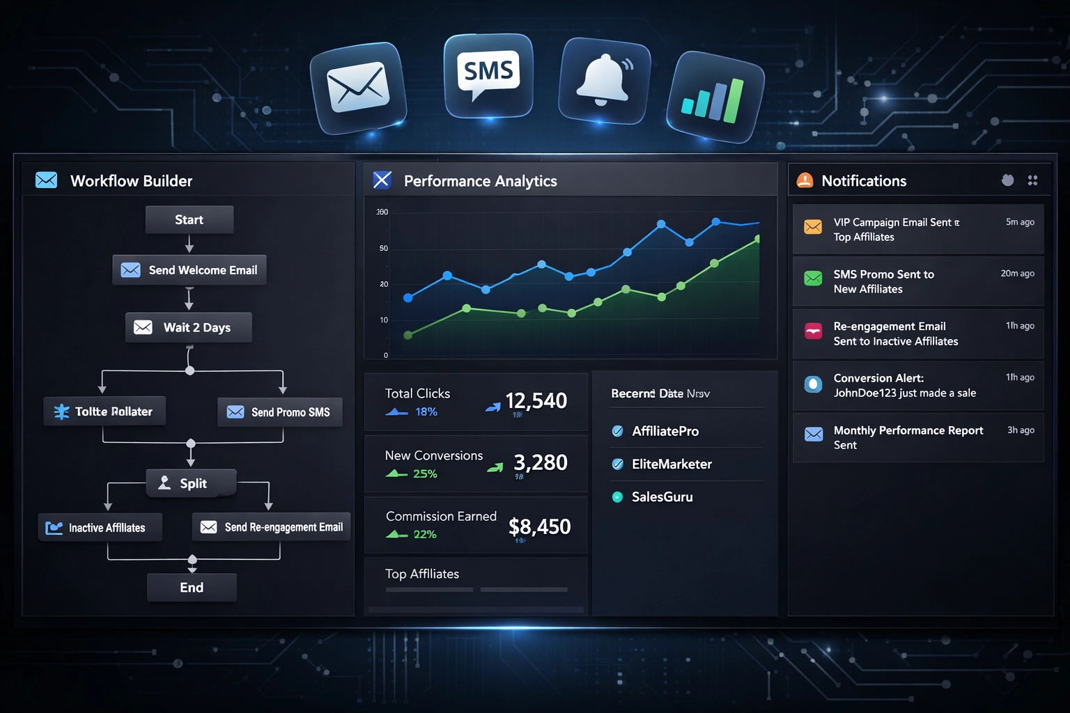 Painel de fluxo de trabalho de comunicação automatizada com afiliados