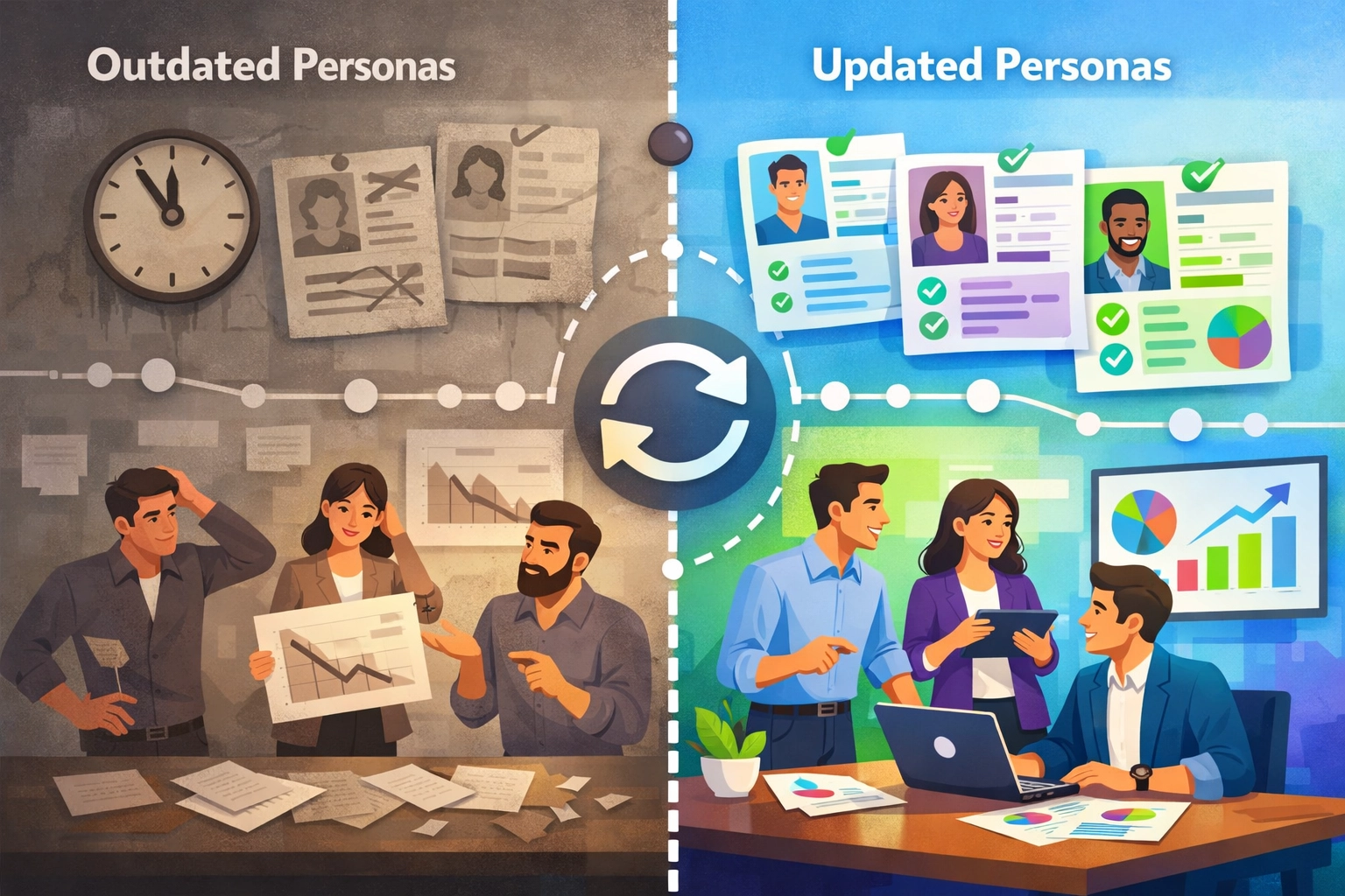 Comparação entre personas de comprador atualizadas e desatualizadas mostrando a diferença em precisão de dados e alinhamento de negócios