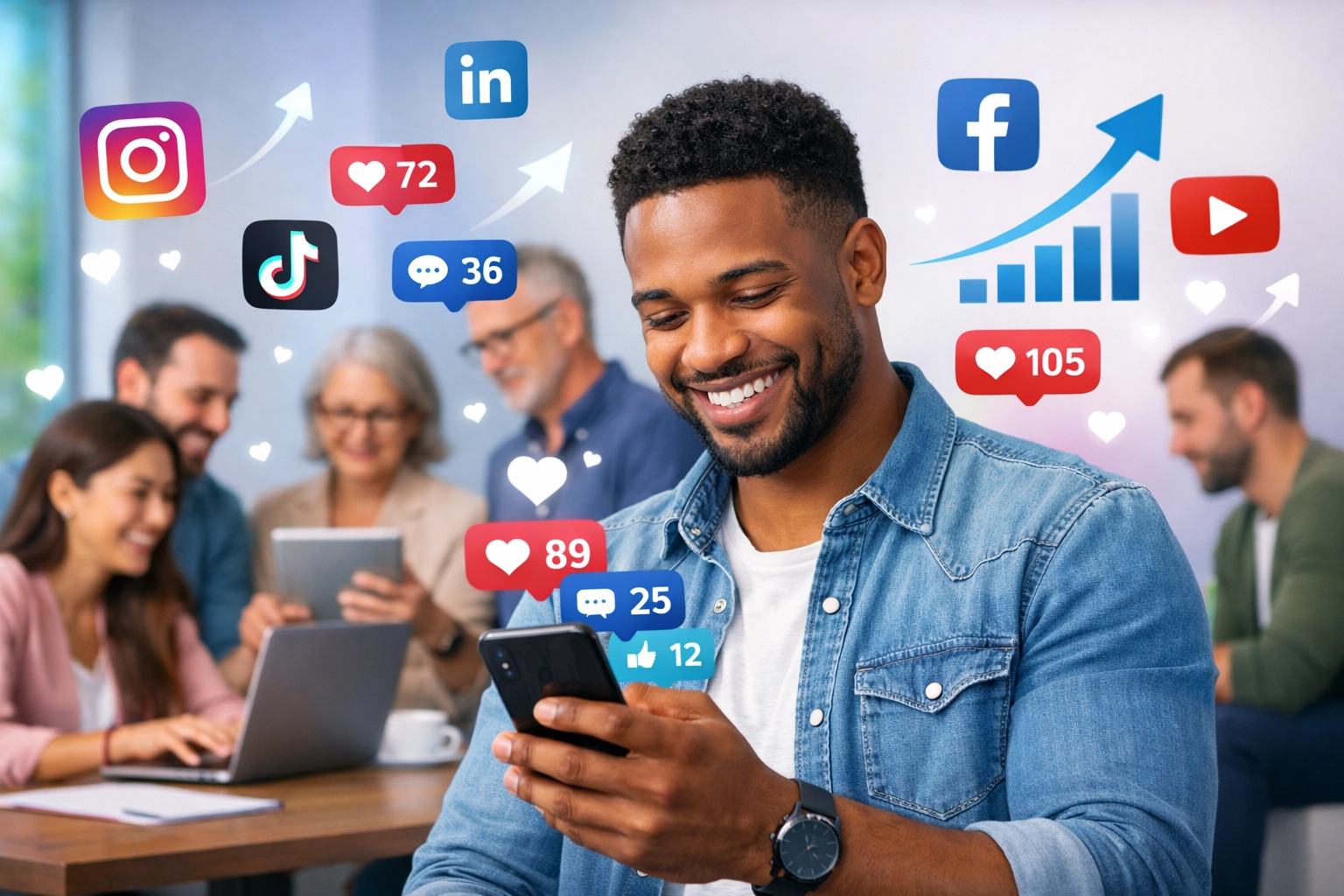Empreendedores diversos interagindo com plataformas de redes sociais, cercados por métricas de engajamento e ícones sociais