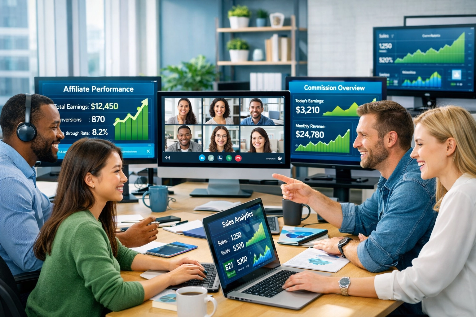 Diverse affiliate team collaborating with analytics dashboards showing successful performance metrics