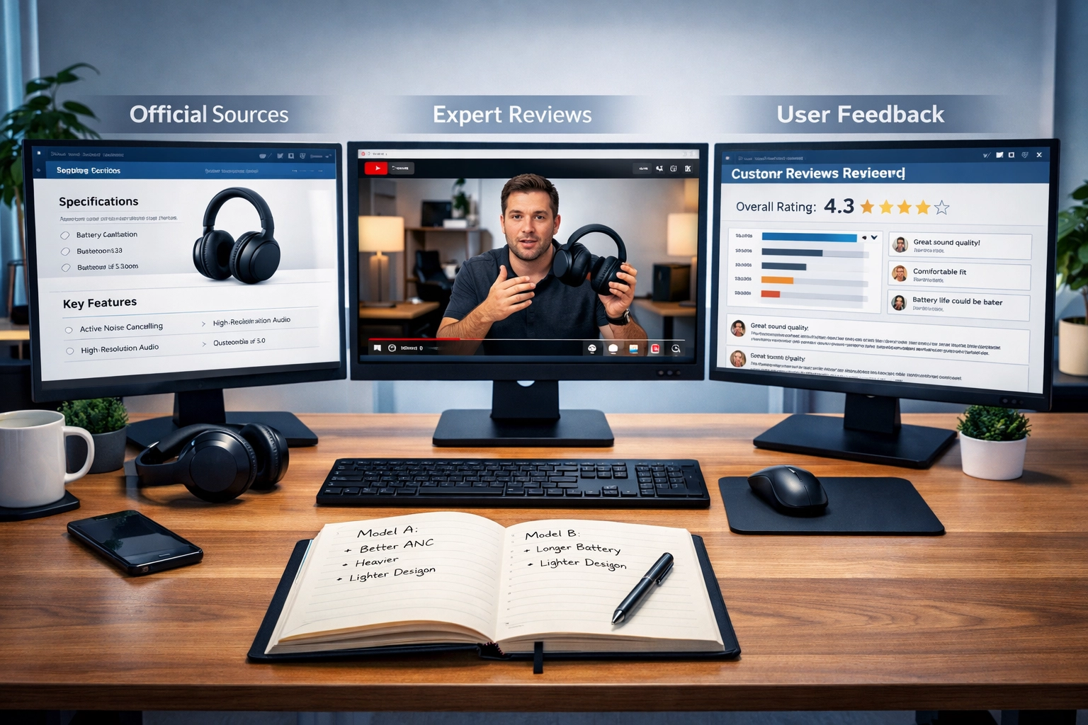 Professional workspace with multiple monitors showing research sources for product reviews