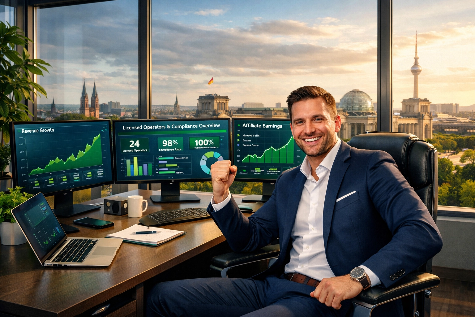 Profissional de marketing de afiliados celebrando sucesso em conformidade com gráficos de crescimento e painel de operadores licenciados