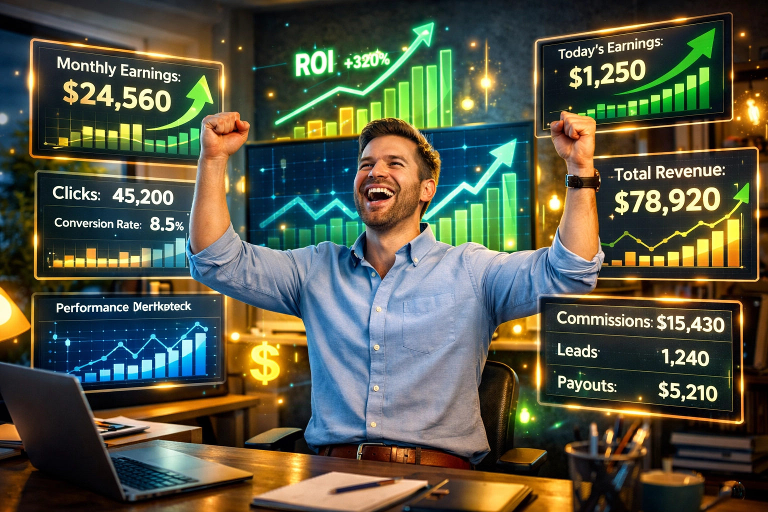 Afiliado comemorando sucesso com métricas de crescimento e painéis analíticos