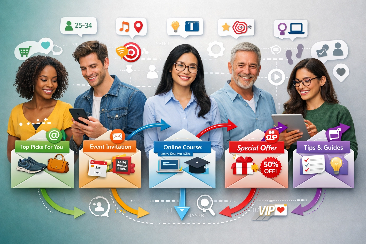 Visualização de segmentação e personalização de e-mails mostrando público-alvo diverso