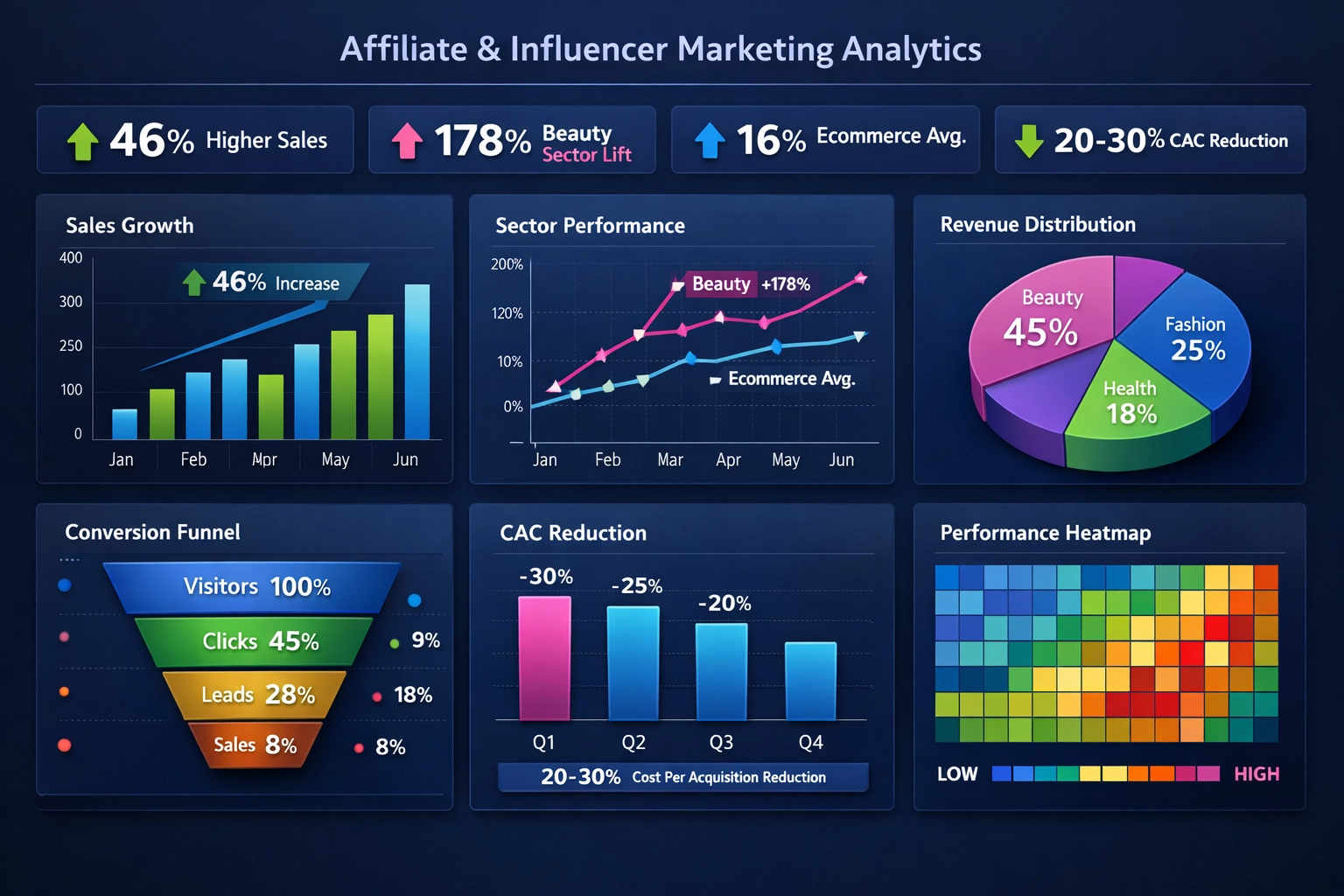 Dashboard de métricas de desempenho mostrando 46% mais vendas e análise de ROI