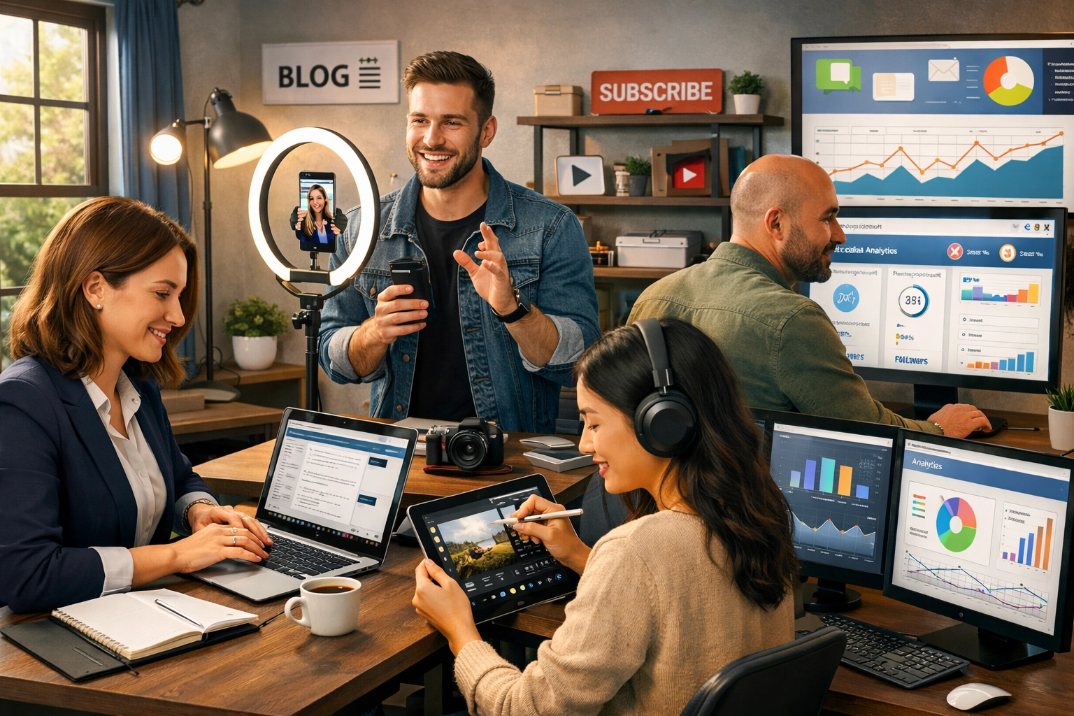 Diversos afiliados e influenciadores trabalhando em diferentes plataformas digitais