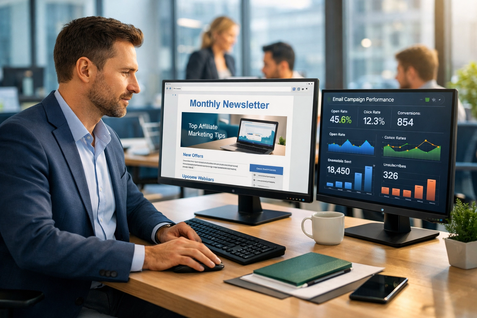 Gestor de afiliados revisando newsletter por e-mail no computador com equipe colaborando ao fundo