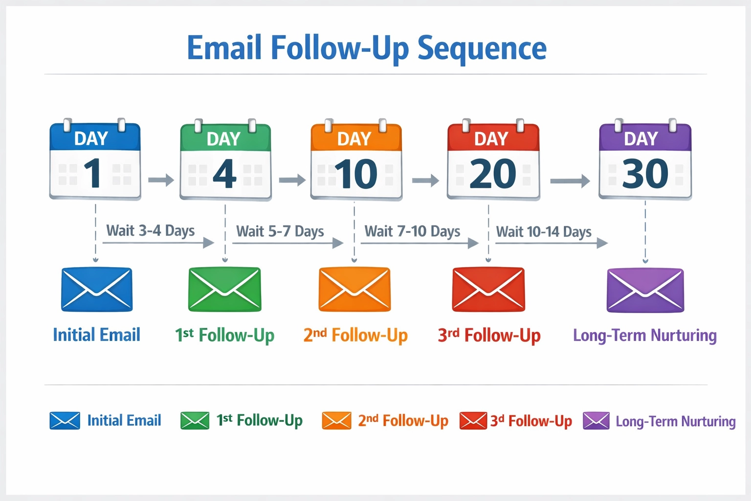 Infográfico de cronograma de follow-up por e-mail mostrando sequência do Dia 1 ao Dia 30 com tipos de e-mail em cores diferentes