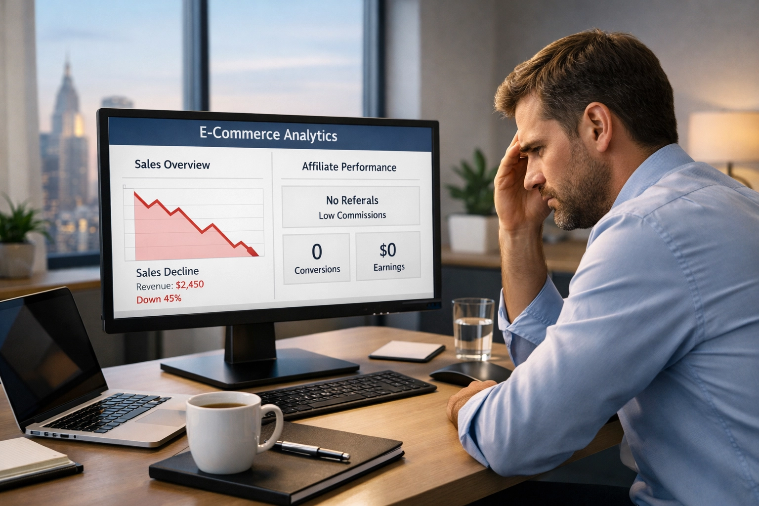 Frustrated e-commerce store owner analyzing low affiliate activity metrics on dashboard