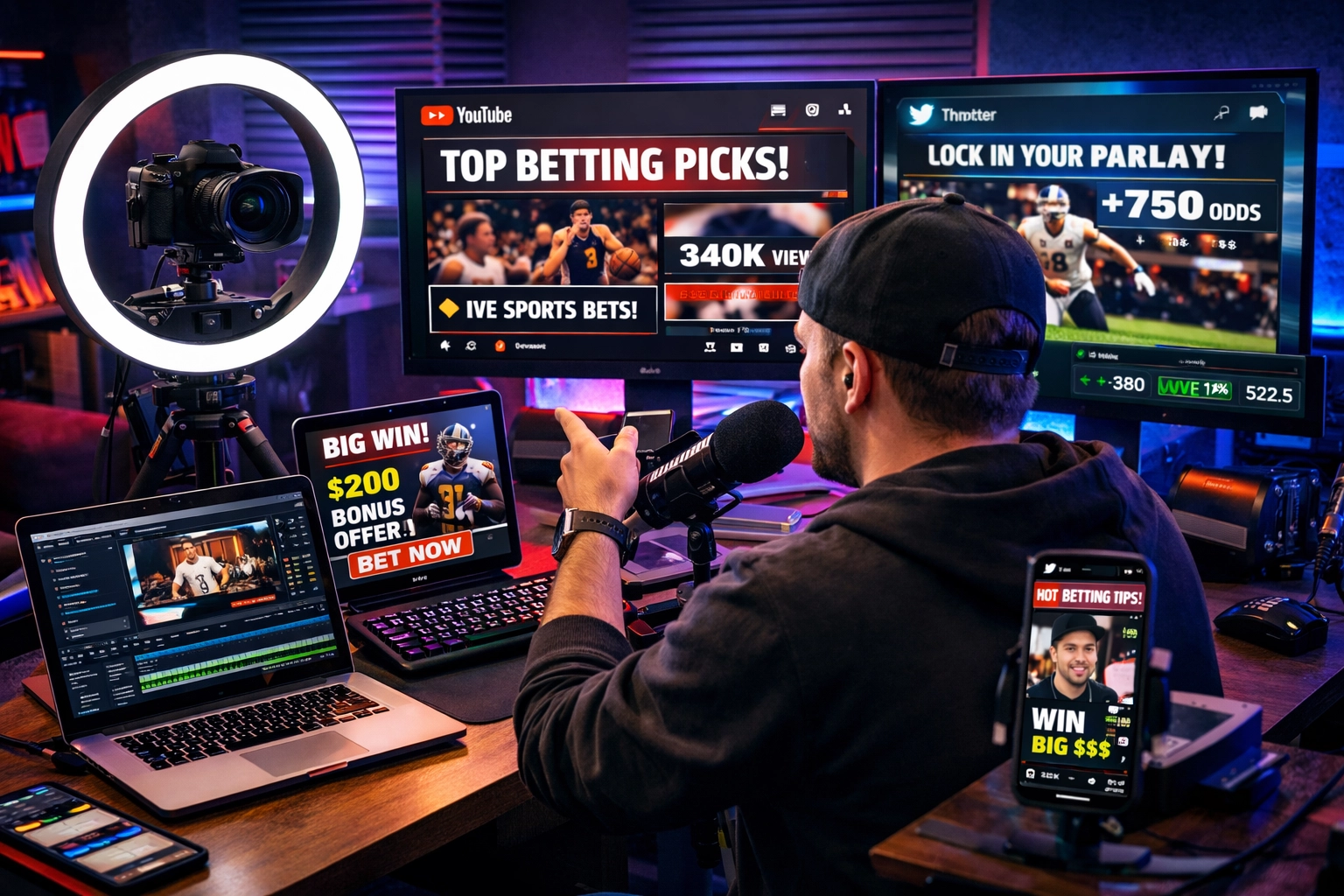 Criador de conteúdo gravando vídeos de afiliados de apostas