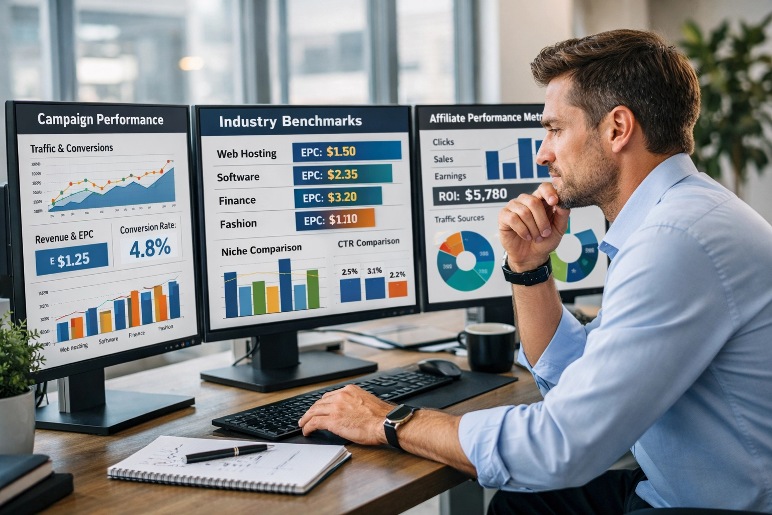 Afiliado analisando dados de desempenho de campanhas e referências do setor em monitores de computador