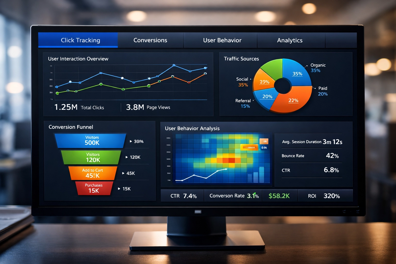 Painel de análise de rastreamento de cliques com métricas de conversão