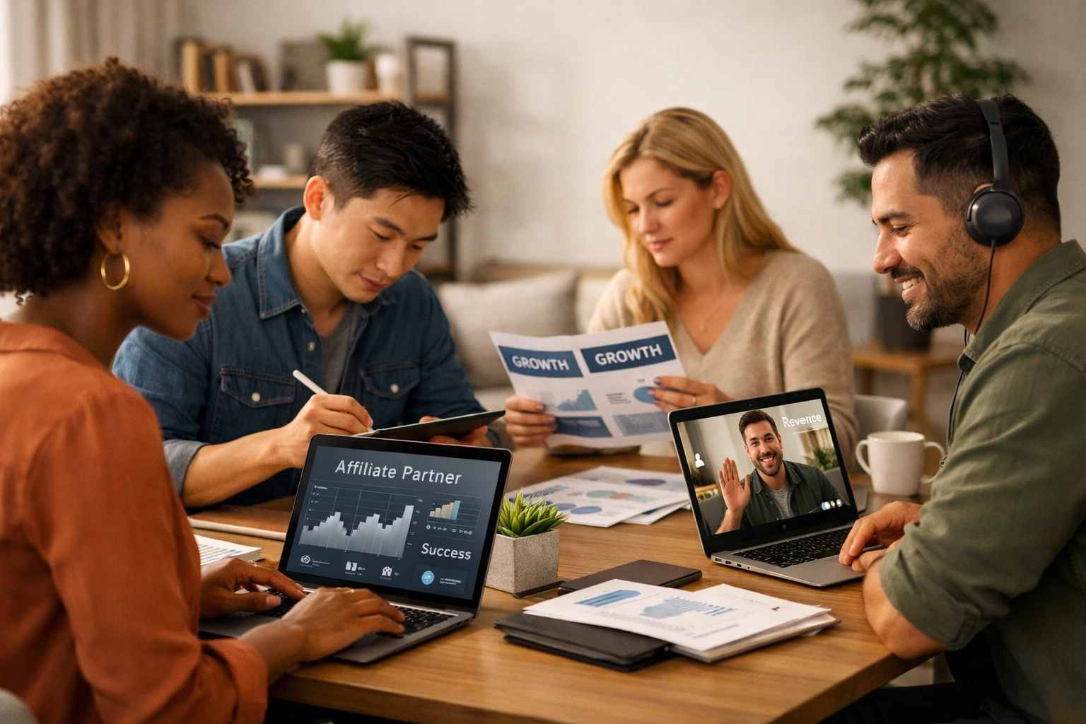 Parceiros afiliados diversos trabalhando em seus próprios negócios em um espaço colaborativo e moderno