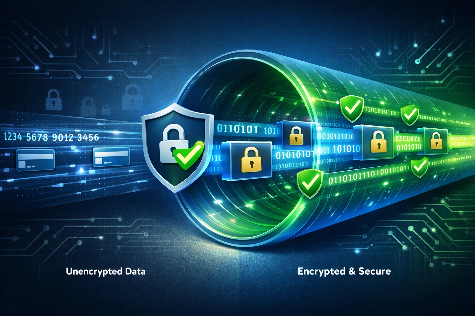 Visualização de segurança e criptografia em pagamentos mostrando transmissão segura de dados