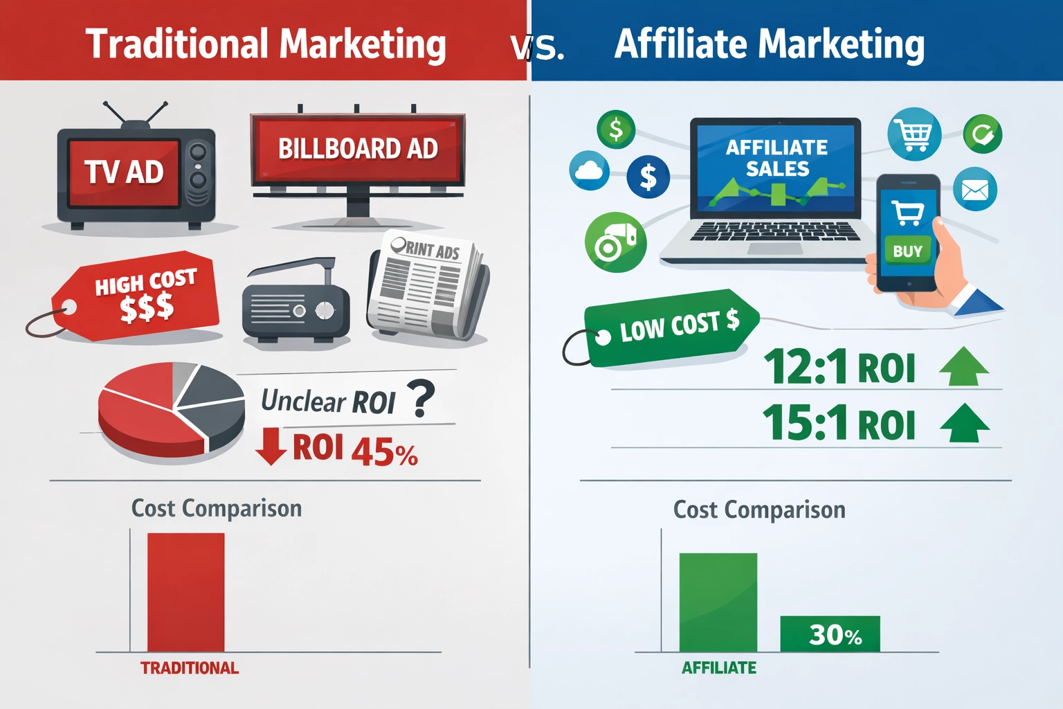 Comparação Marketing de Afiliados vs Marketing Tradicional