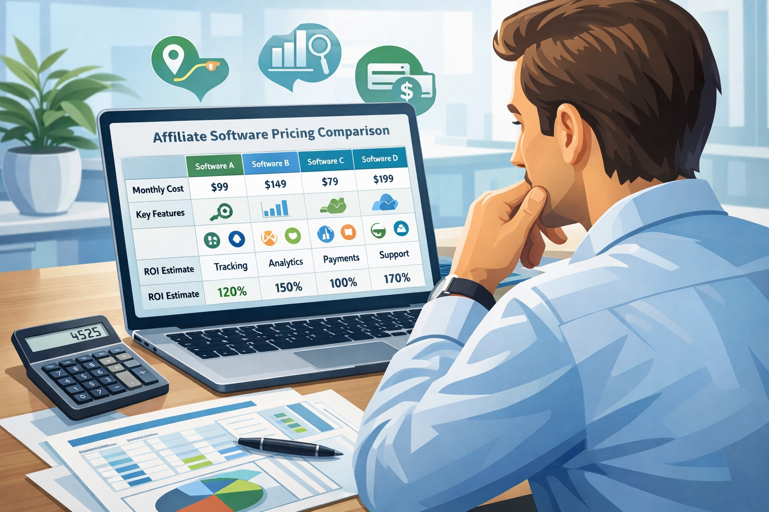 Profissional de negócios analisando comparação de preços de software de afiliados em tela de computador