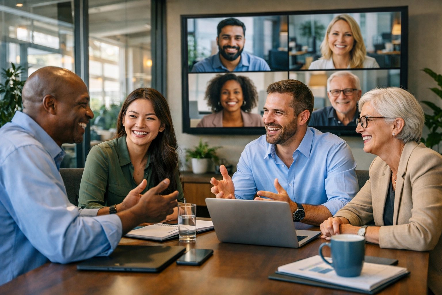 Grupo diverso de profissionais colaborando em ambiente híbrido de reunião com trabalho em equipe e comunidade
