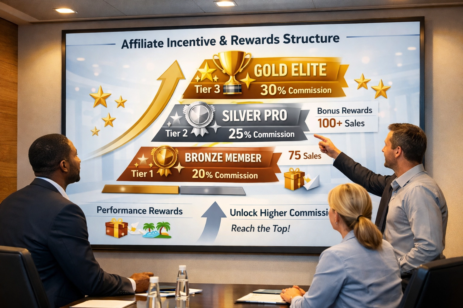 Sistema de conquistas em camadas mostrando recompensas de performance e níveis de avanço