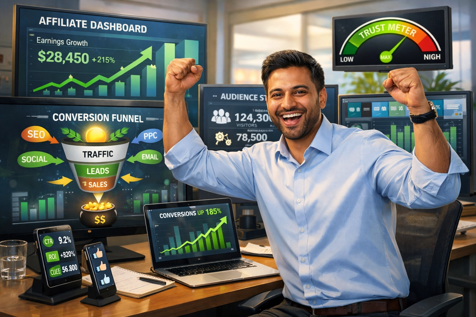 Afiliado de sucesso com métricas crescentes de tráfego e confiança