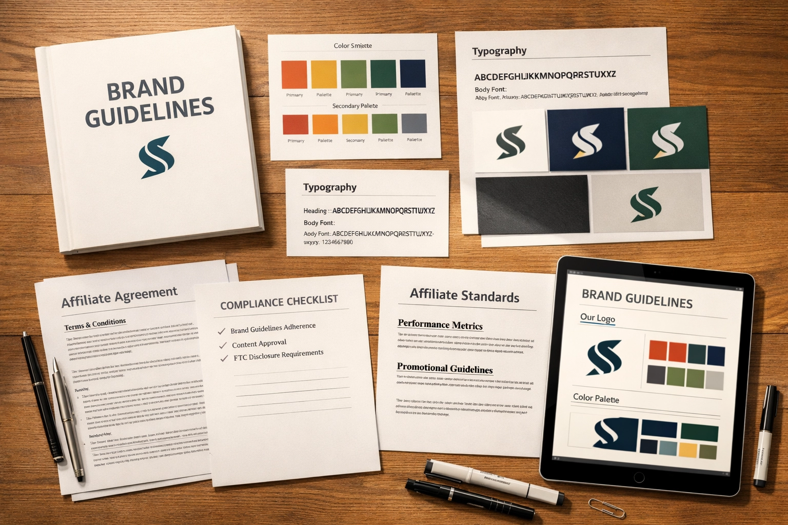 Brand guidelines documentation and affiliate marketing materials with color swatches and compliance checklist