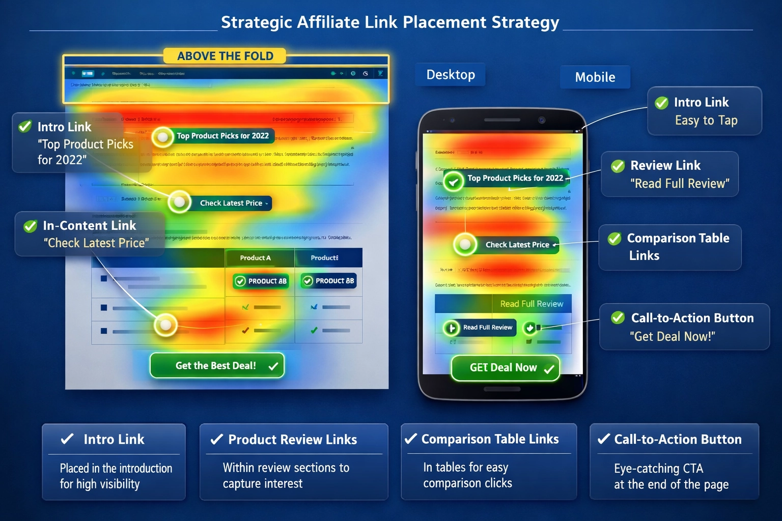 Visualização de layout de página mostrando posicionamento estratégico de links de afiliado com mapa de calor indicando zonas ideais para desktop e mobile