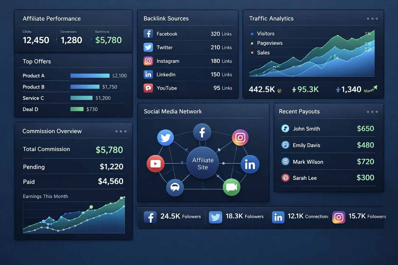 Dashboard de marketing de afiliados mostrando rastreamento e analytics de backlinks