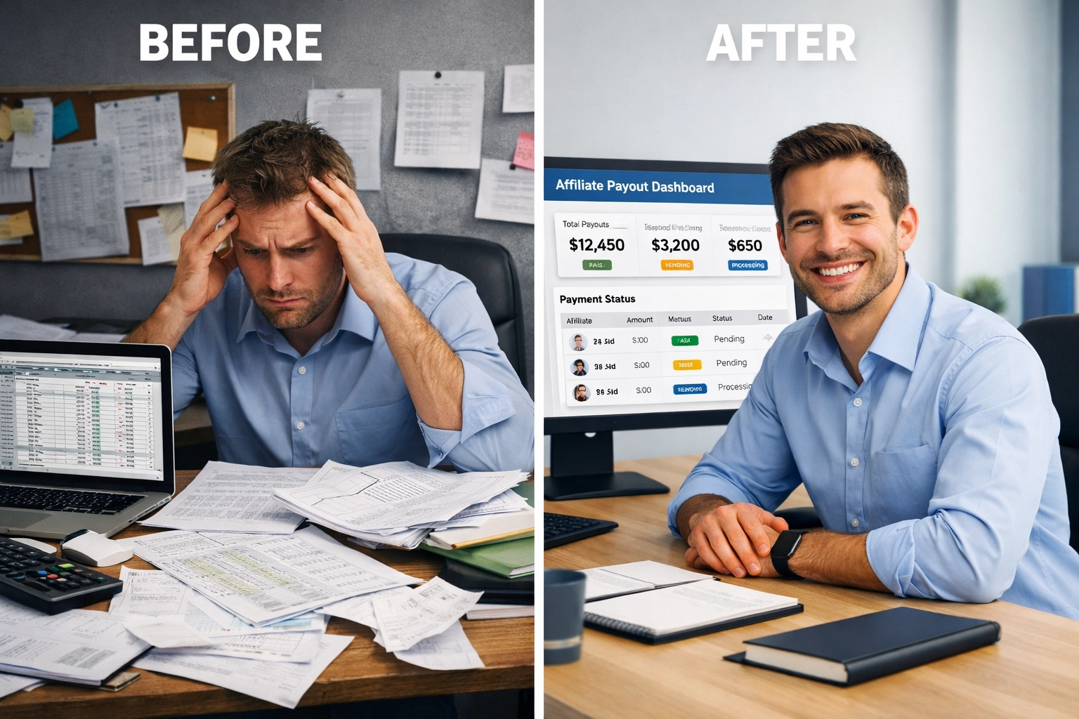 Comparação mostrando antes e depois da gestão de pagamentos de afiliados com PostAffiliatePro
