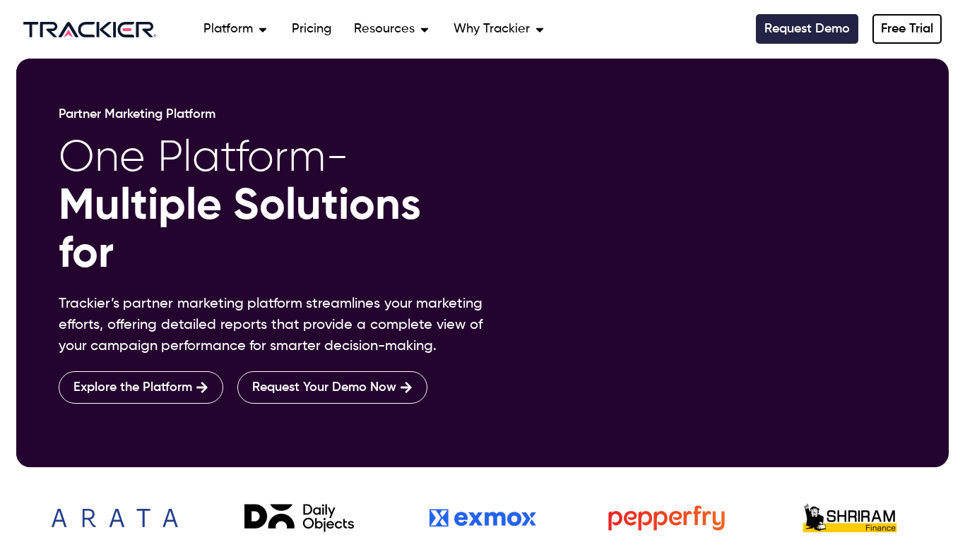 Página inicial da plataforma de marketing de afiliados Trackier