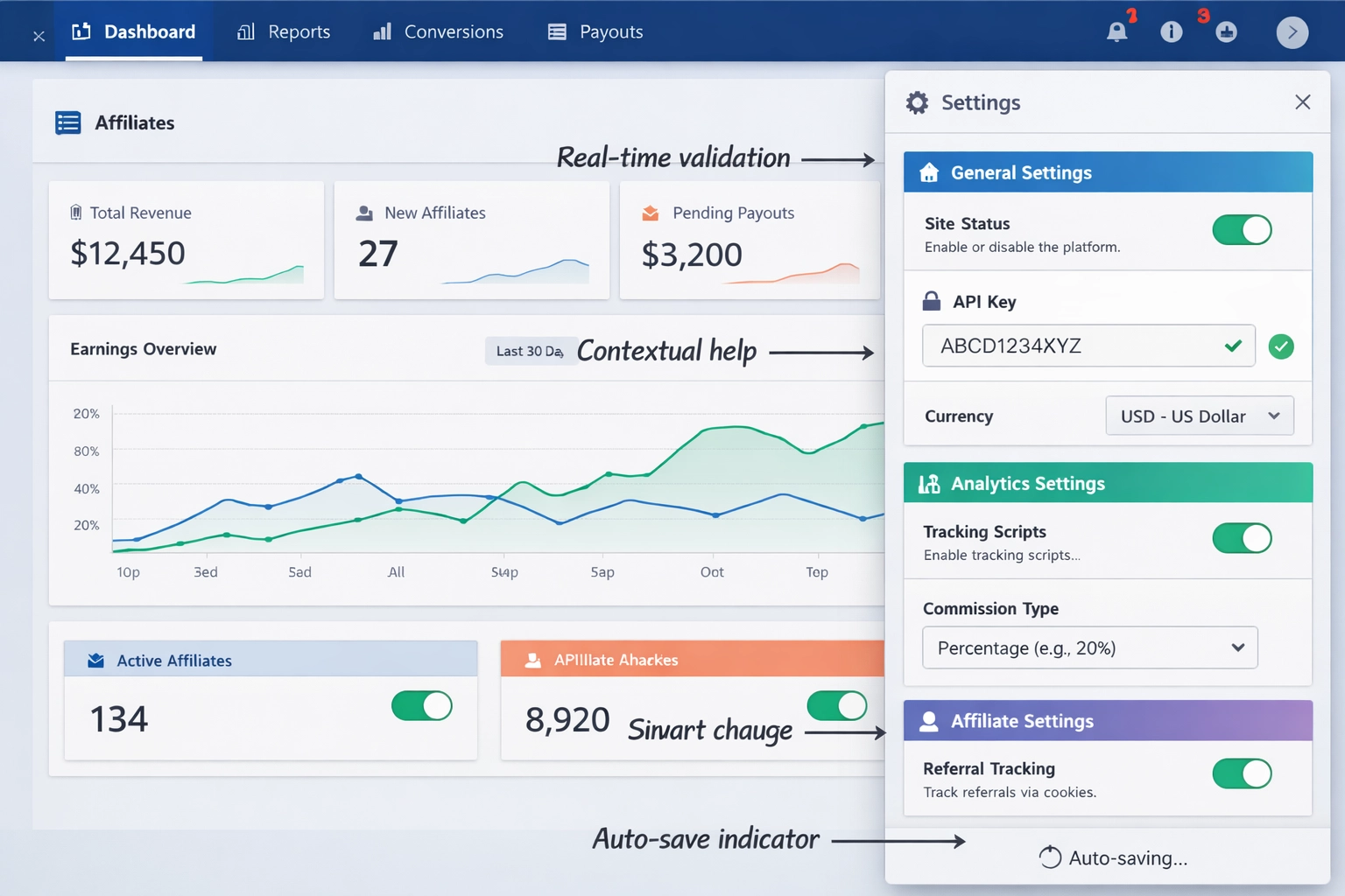 Painel de configurações modernas na página, com controles integrados e feedback em tempo real