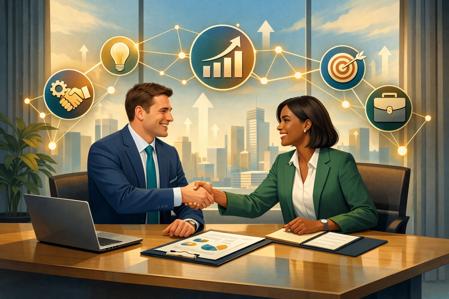 Profissionais de negócios colaborando e apertando as mãos, com símbolos de conexão representando parcerias estratégicas