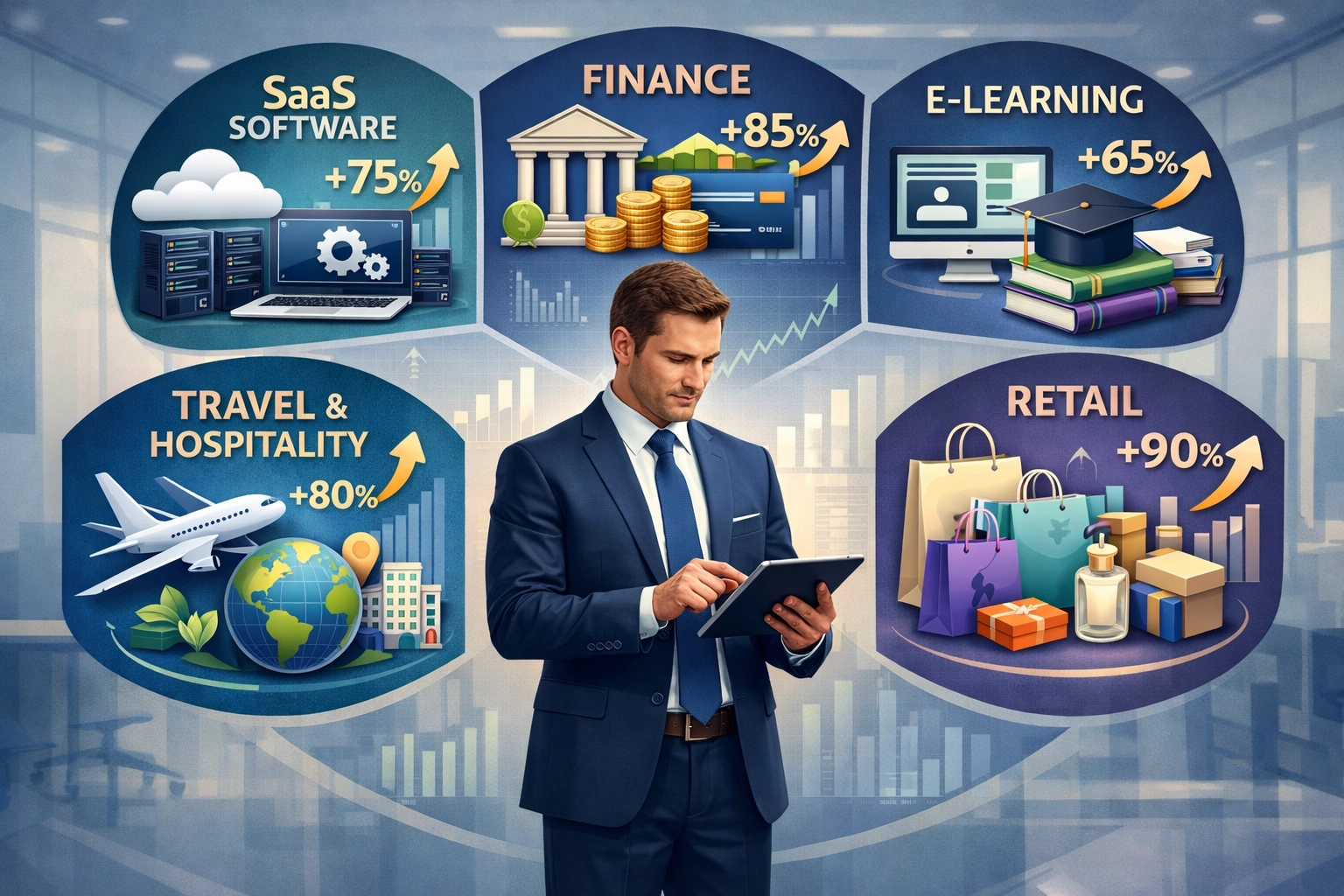 Setores de negócios variados mostrando SaaS, Finanças, E-learning, Viagens e Saúde & Bem-Estar com indicadores de crescimento