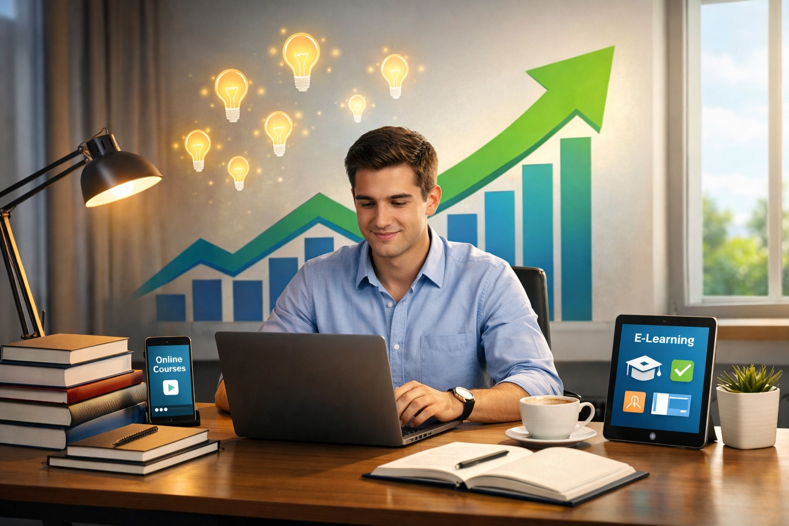 Pessoa profissional aprendendo e crescendo com setas apontando para cima, ícones de lâmpada e elementos de tecnologia representando desenvolvimento contínuo