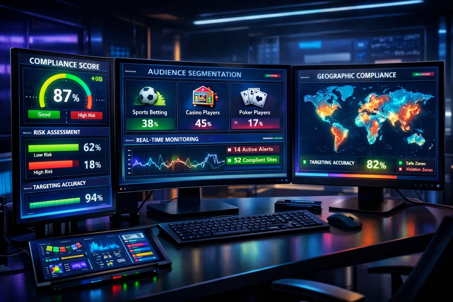 Analytics dashboard showing compliance metrics and audience segmentation for gambling affiliate marketing