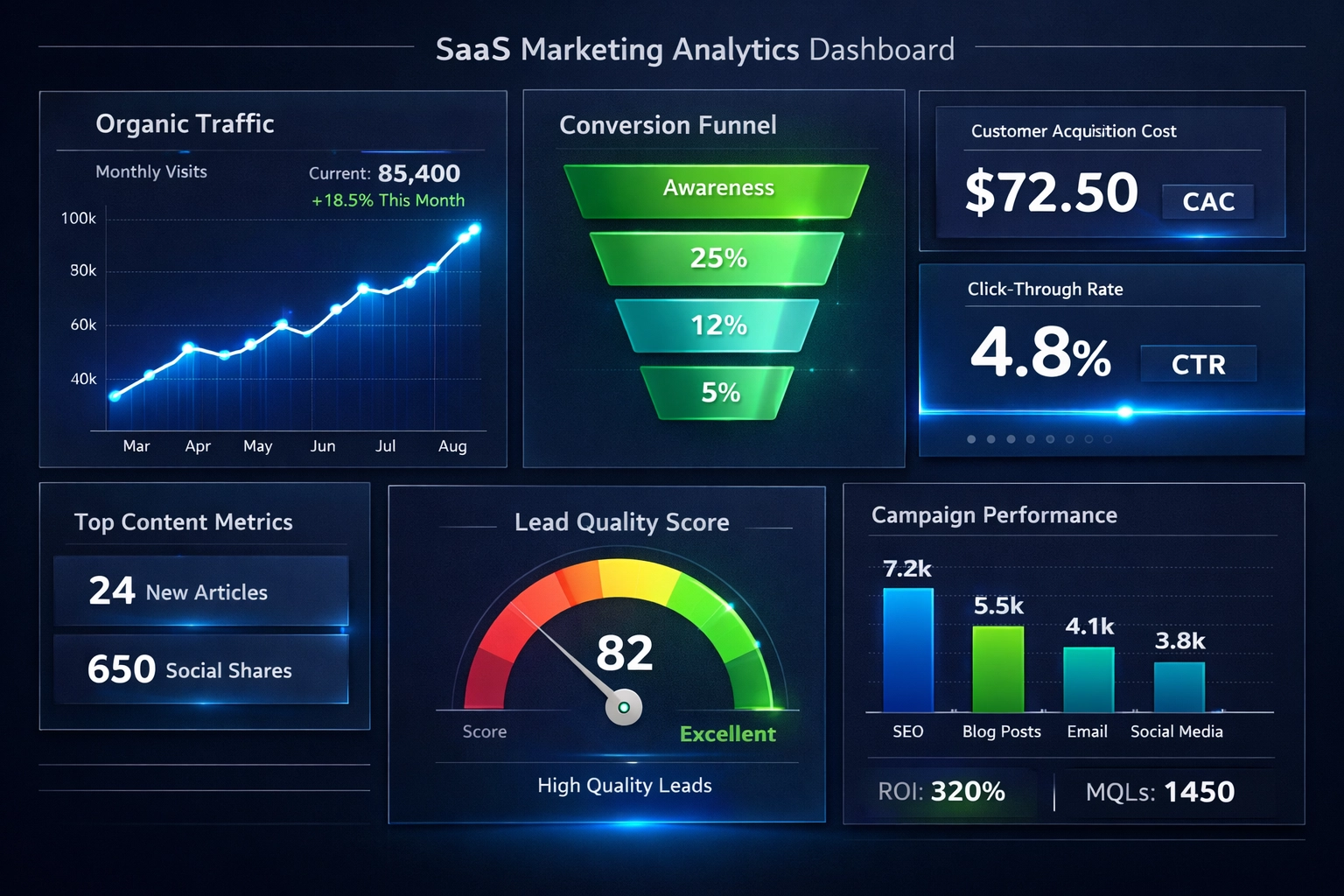 Dashboard de analytics de marketing SaaS mostrando métricas-chave de desempenho e dados de estratégia de conteúdo
