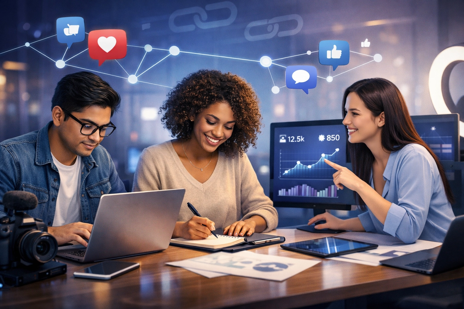 Influenciadores colaborando na criação de conteúdo para backlinks sociais