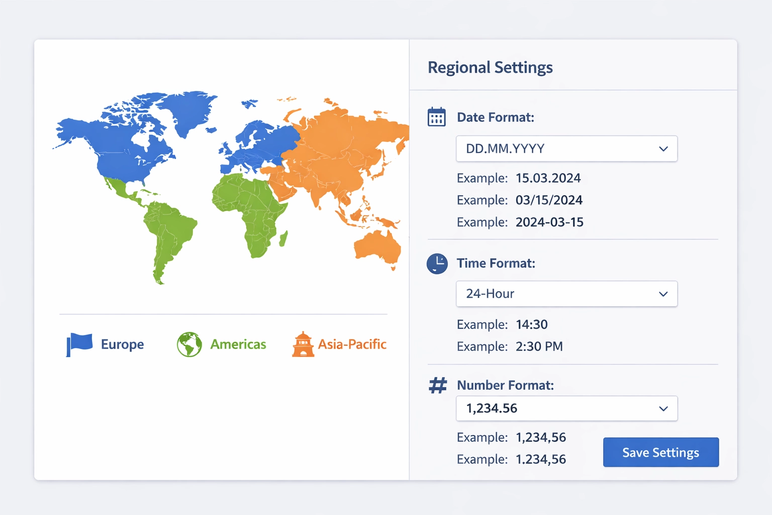 Painel de configuração regional com mapa-múndi e exemplos de formatos de data