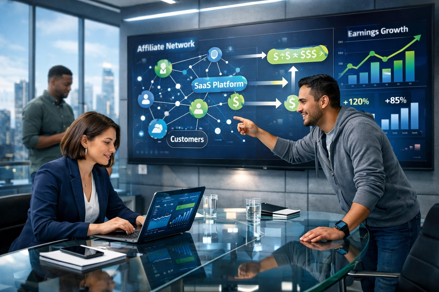 Equipe profissional de marketing de afiliados SaaS colaborando com painel de análise