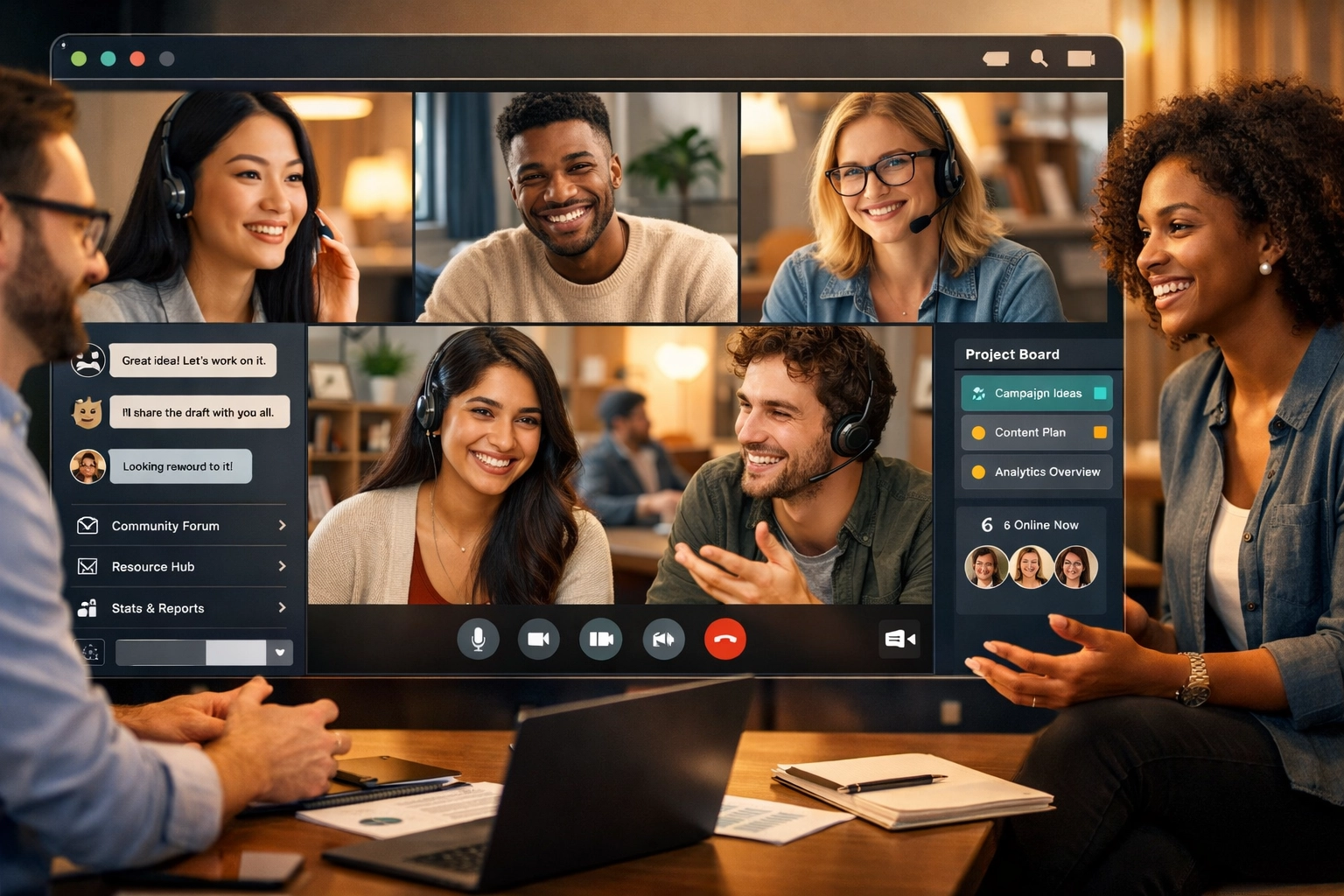 Comunidade virtual de afiliados e plataforma de networking com grupo diverso colaborando