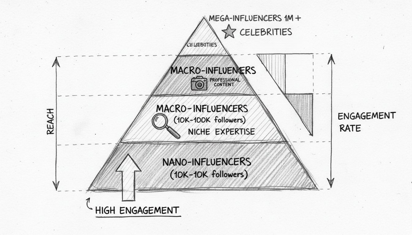Pirâmide de tiers de influenciadores mostrando nano, micro, macro e megainfluenciadores com características de engajamento e alcance