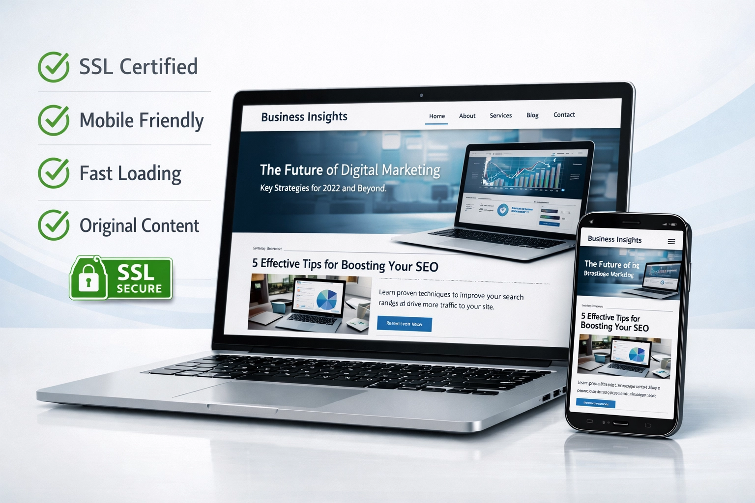Verificação de qualidade de site mostrando selo SSL, responsividade mobile e indicadores de qualidade de conteúdo
