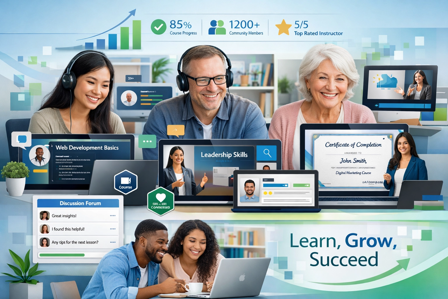 Plataforma moderna de ensino online mostrando alunos diversos e conteúdo de cursos