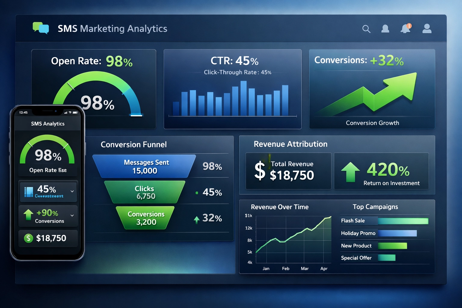Painel de Analytics de Marketing por SMS mostrando taxas de abertura, cliques e métricas de conversão