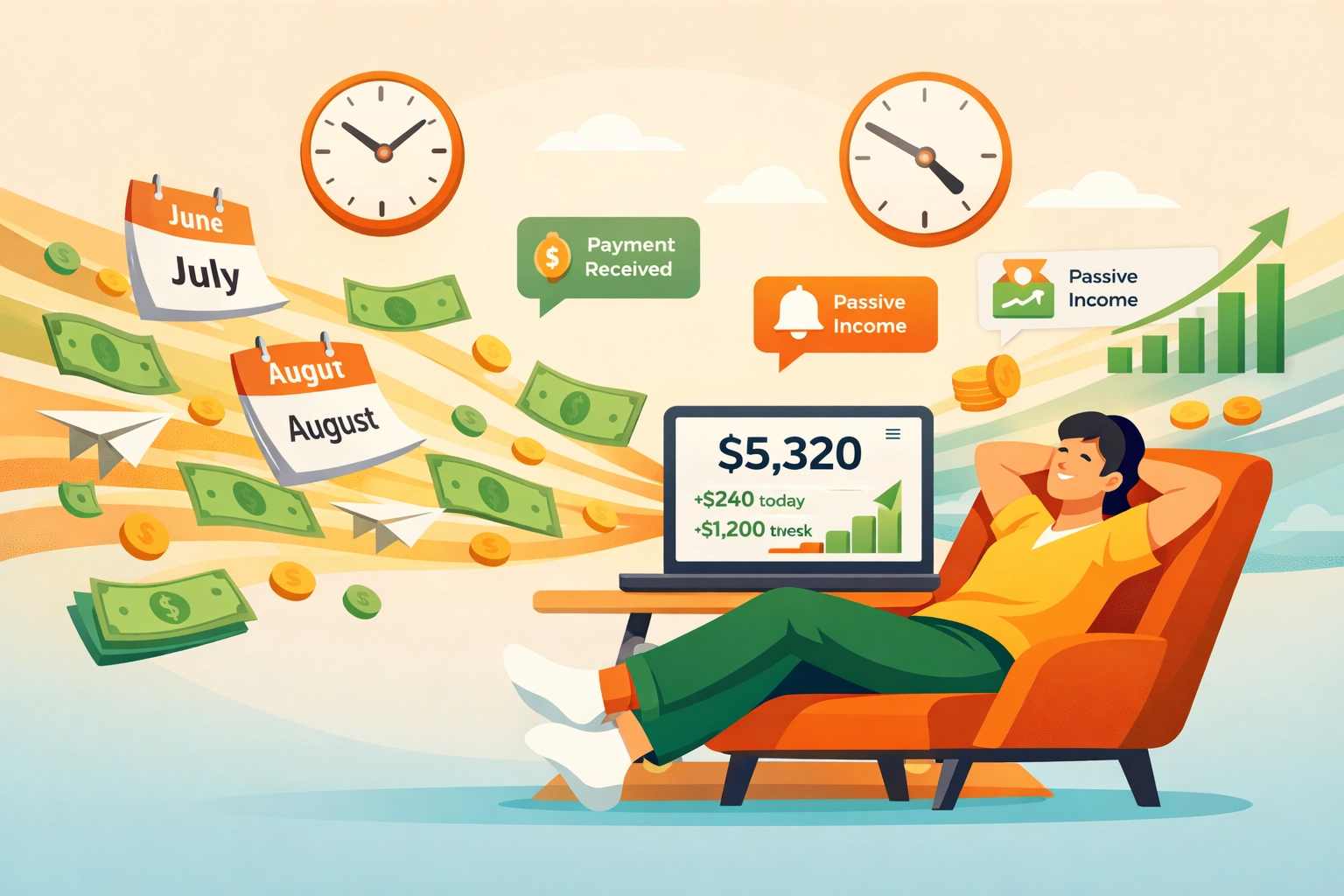 Pessoa relaxando enquanto a renda passiva flui de várias fontes