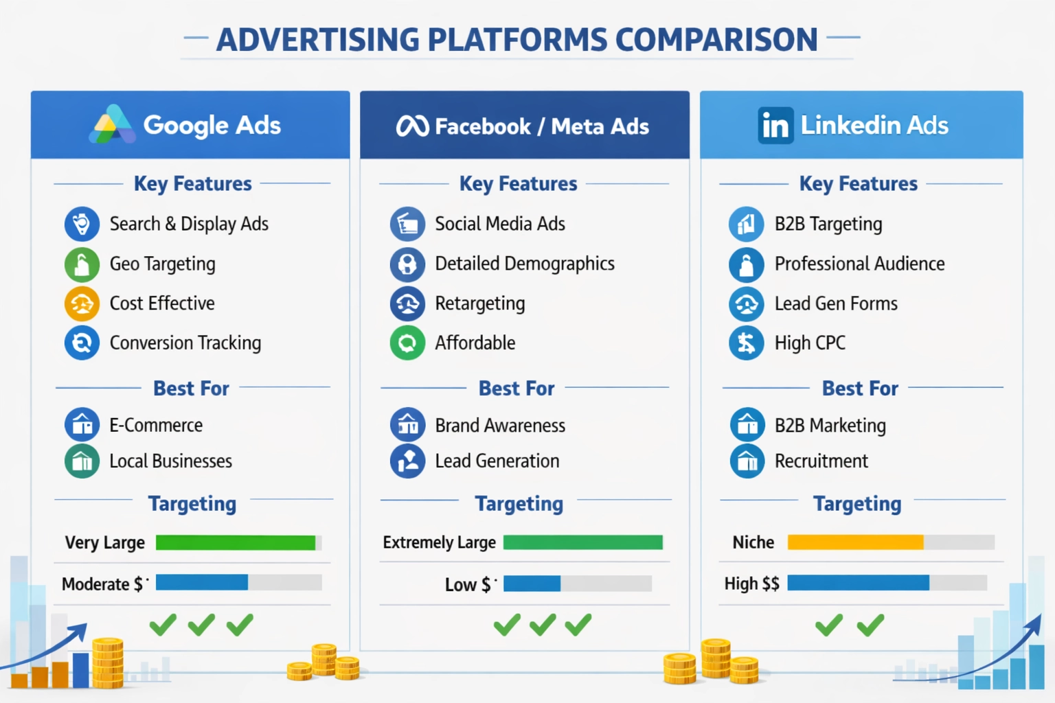 Infográfico profissional comparando Google Ads, Facebook Ads e LinkedIn Ads em recursos de geotargeting