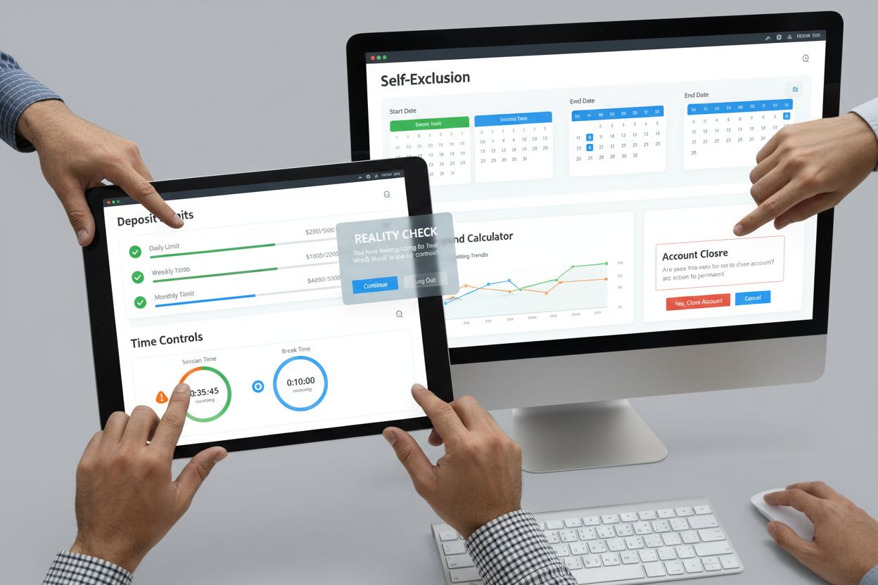 Painel de ferramentas de proteção ao jogador mostrando limites de depósito, controles de tempo e opções de autoexclusão