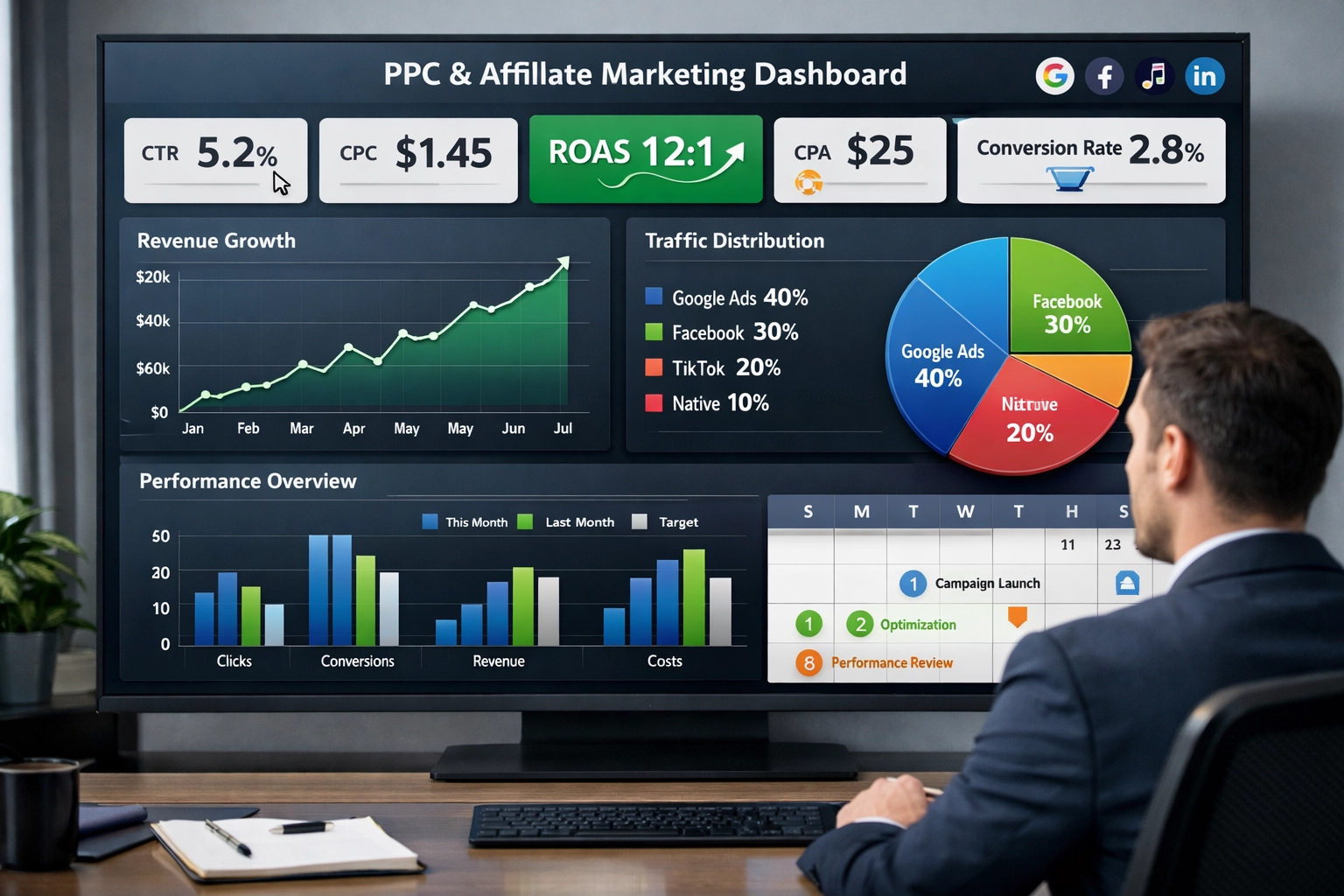 Métricas de PPC e painel de KPIs para marketing de afiliados